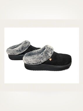 Skechers Black Slip-On Slipper with Gray Faux Fur Cuff